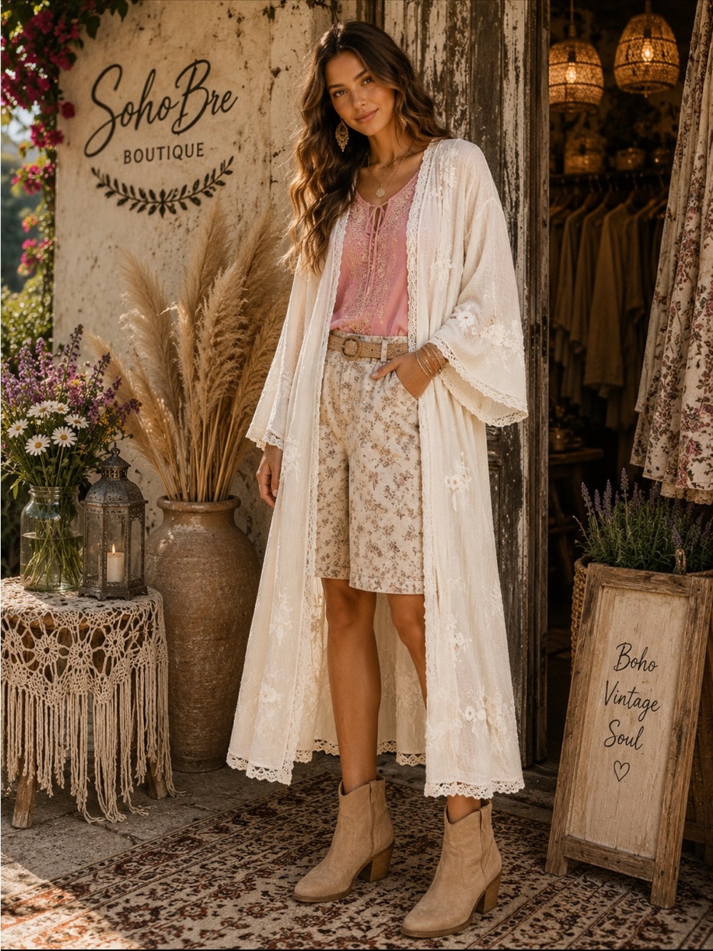 🆕 POL Ivory flowy light Flower Lace Trim Open Front..Floral Embroidered Cardigan